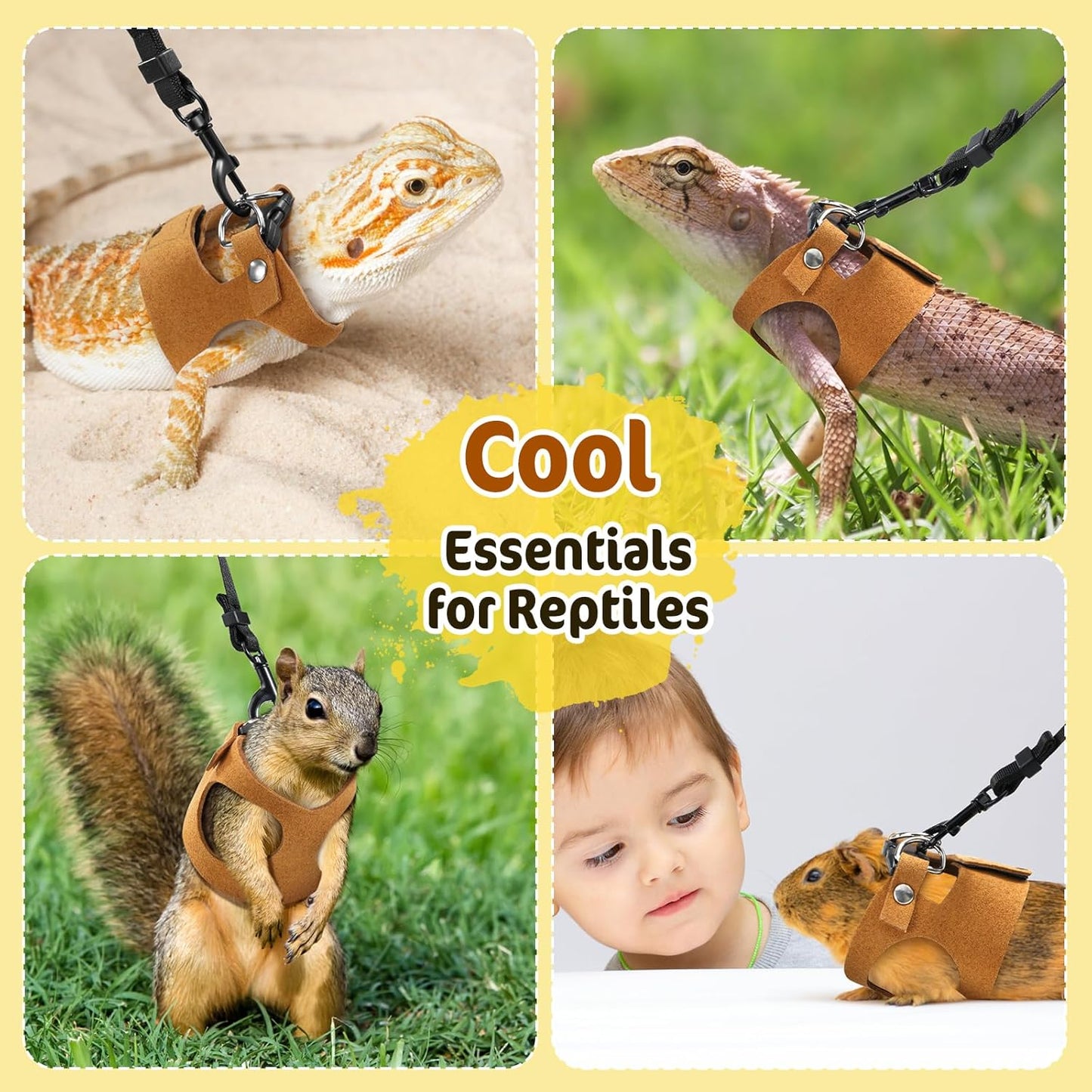 Pawaboo Adjustable Bearded Dragon Harness and Leash, 3 Size Leather Reptile Leash Outdoor Harness Leashs with Bat Wings for Lizard Reptiles Amphibians Small Pet, Small/Medium/Large, Brown