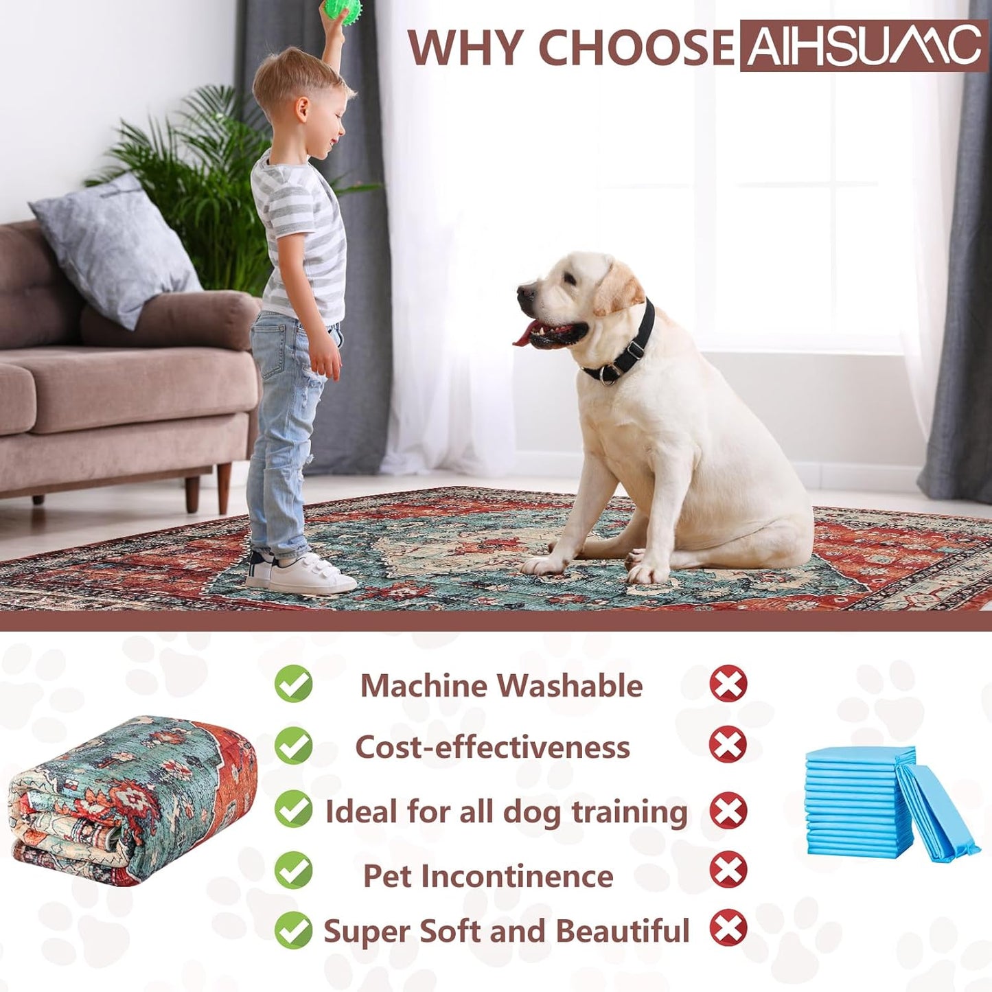 Extra Large Washable Pee Pads for Dogs (72"x72"), Upgrade Reusable Puppy Pads with Non-Slip Rug Pad, Super Thickening Absorbent Leakproof Dog Traning Pads Whelping Pad for Dogs, Doggie