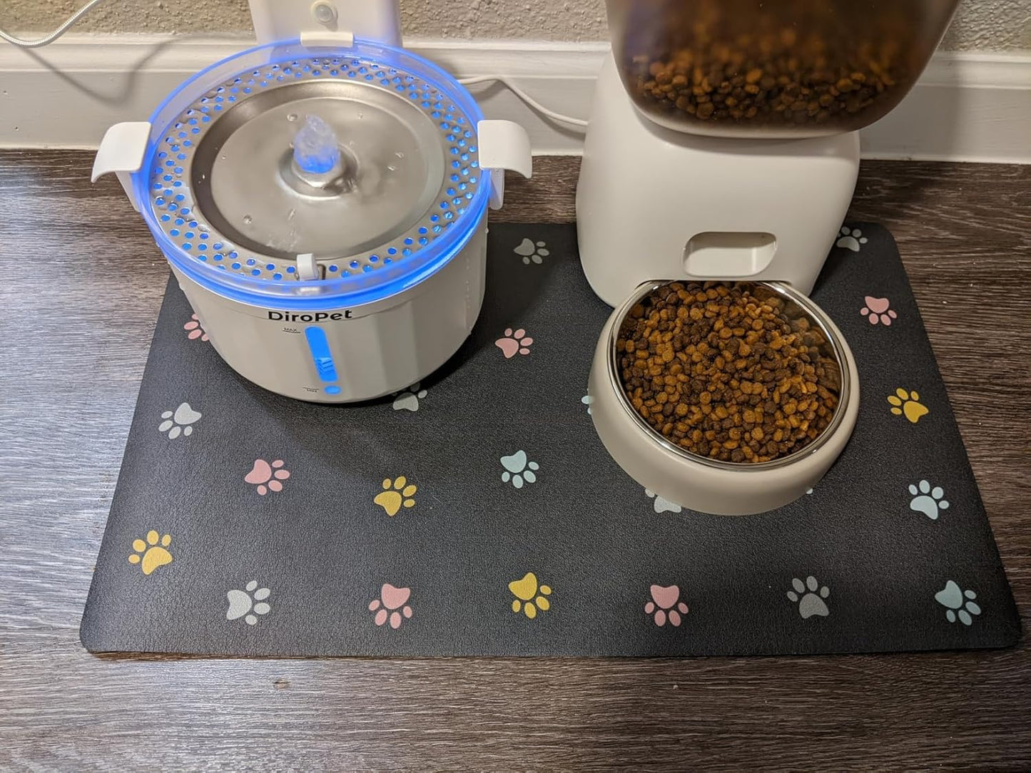 Cat Food Mat Absorbent Dog Mat for Food and Water Non Slip Quick Dry Dog Bowl Mats for Floors 24" X 16" Paw Dark Gray