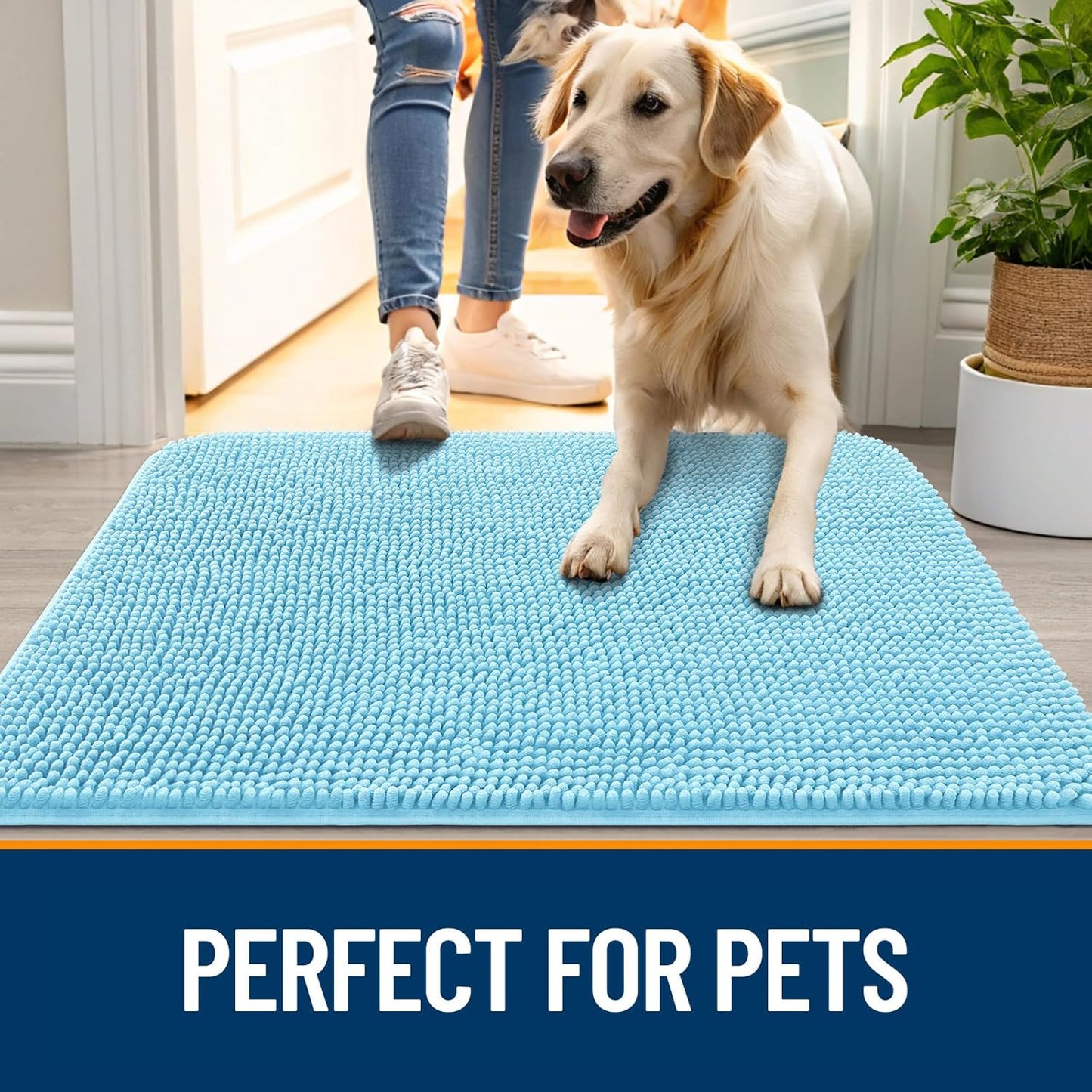 OLANLY Dog Door Mat for Muddy Paws 24x16, Absorbs Moisture and Dirt, Absorbent Non-Slip Washable Doormat, Quick Dry Chenille Mud Mat for Dogs, Entry Indoor Entryway Carpet for Inside Floor, Blue