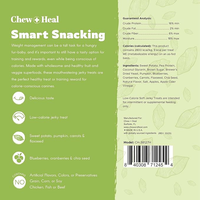 Chew + Heal Labs Low Calorie Dog Jerky Treats - 5 oz of Vegan Plant Based Natural Dog Treats with Chia Seeds, Fruits, and Vegetables - Good for Weight Management - Made in The USA