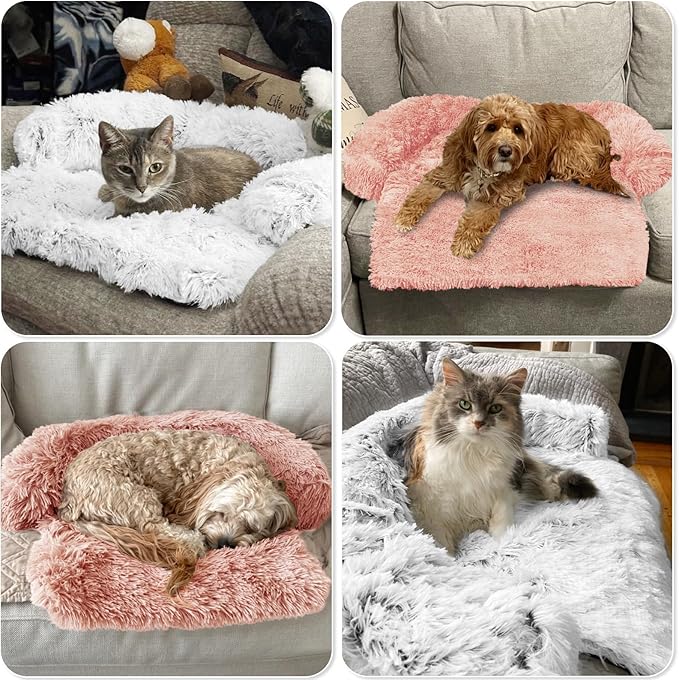GGIB Calming Dog Bed Fluffy Plush Dog Mat for Furniture Protector with Removable Washable Cover for Large Medium Small Dogs and Cats (XS (31"x23.5"x5"), Pink)