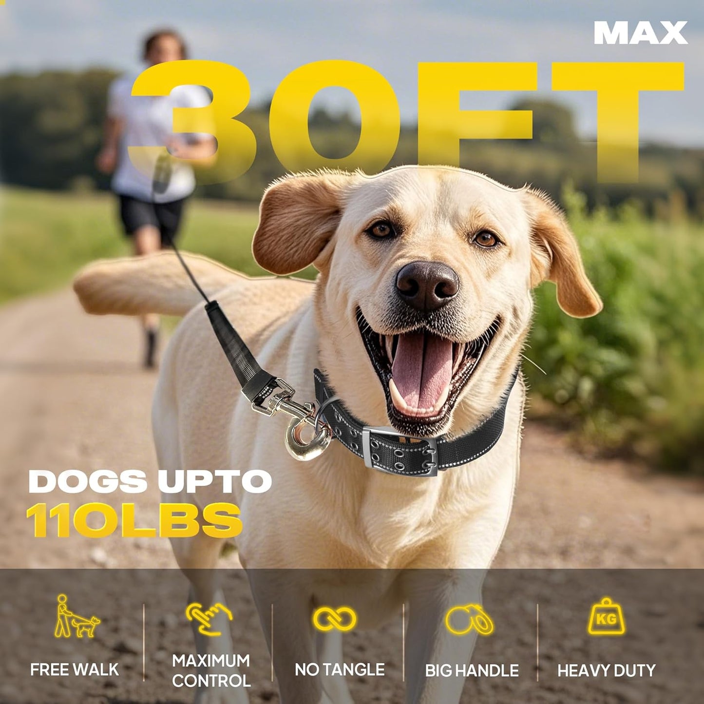 Fida Upgraded Retractable Dog Leash 30ft, Heavy Duty Pet Walking Leash for Medium/Large Breed up to 110 lbs, 360° Tangle-Free Long Retract Dog Lead, Soft Grip, One-Hand Brake, Black