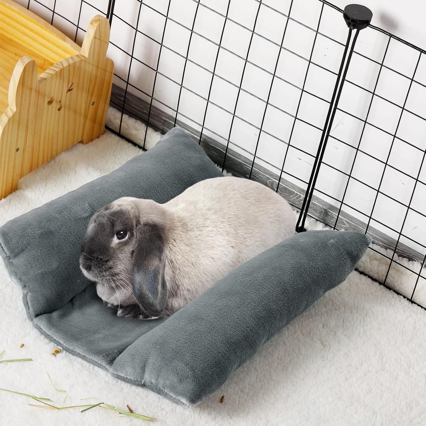 MEWTOGO 13 x 14In Rabbit Bed, Thickened Soft Bunny Snuggle Concave Bed, Cuddle Cushion Plush Mat with Cotton Lounger Pillows, Small Pet Flop Mat for Indoor Cage Sleeping Bunny Gifts, Gray
