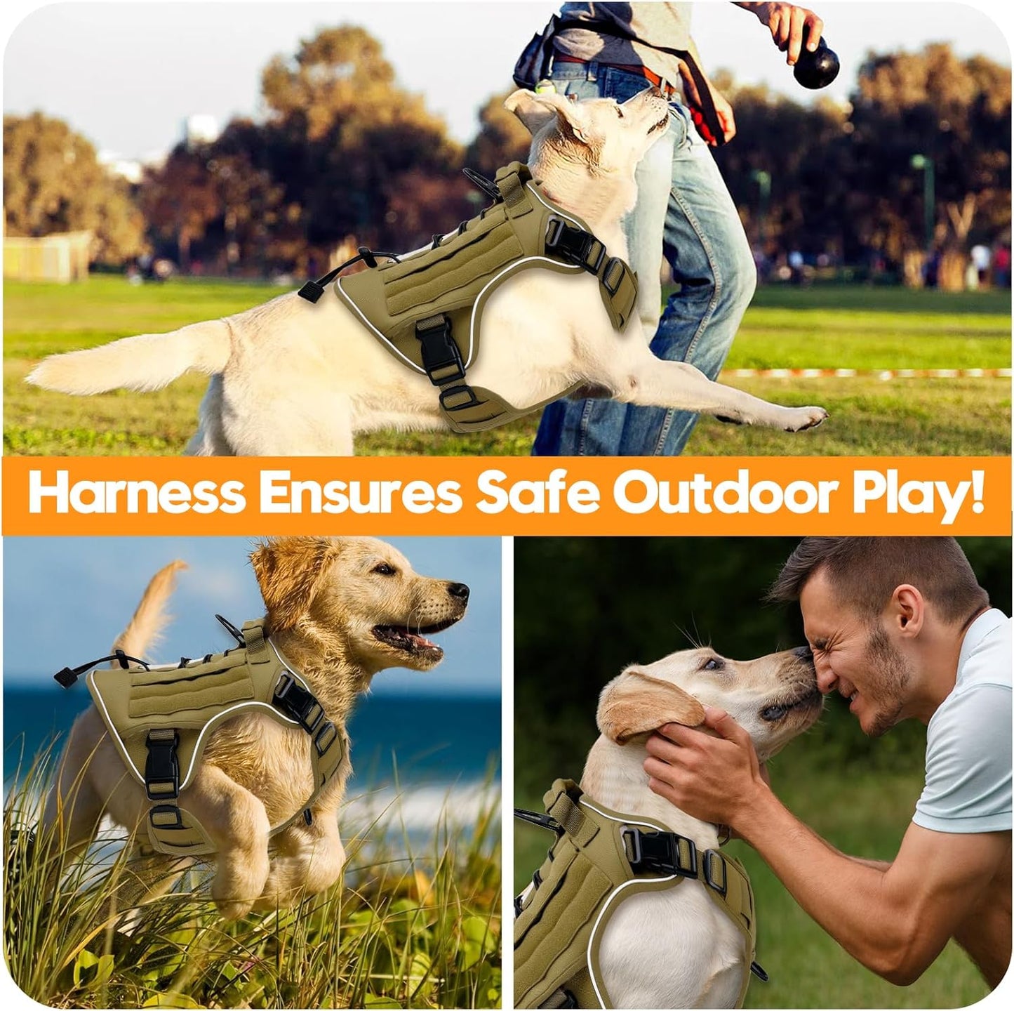 Heavy-Duty Tactical Dog Harness for Large Dogs, No Pull Adjustable Reflective Pet Vest with Molle System, K9 Military-Grade Control for Service Training, Outdoor & 10+ Breeds, Khaki, XX-Large