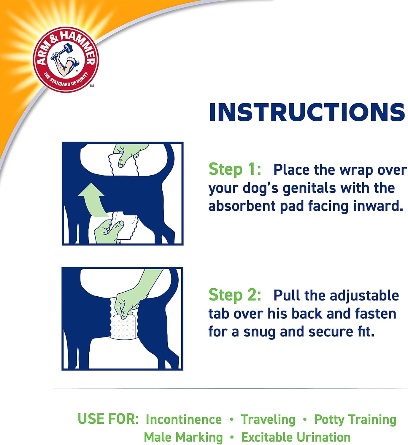 Arm & Hammer for Pets Male Dog Wraps, Medium Ultra-Absorbent, Adjustable Male Dog Diapers with Leak-Proof Protection & Wetness Indicator (Pack of 6, 72 Count Total)