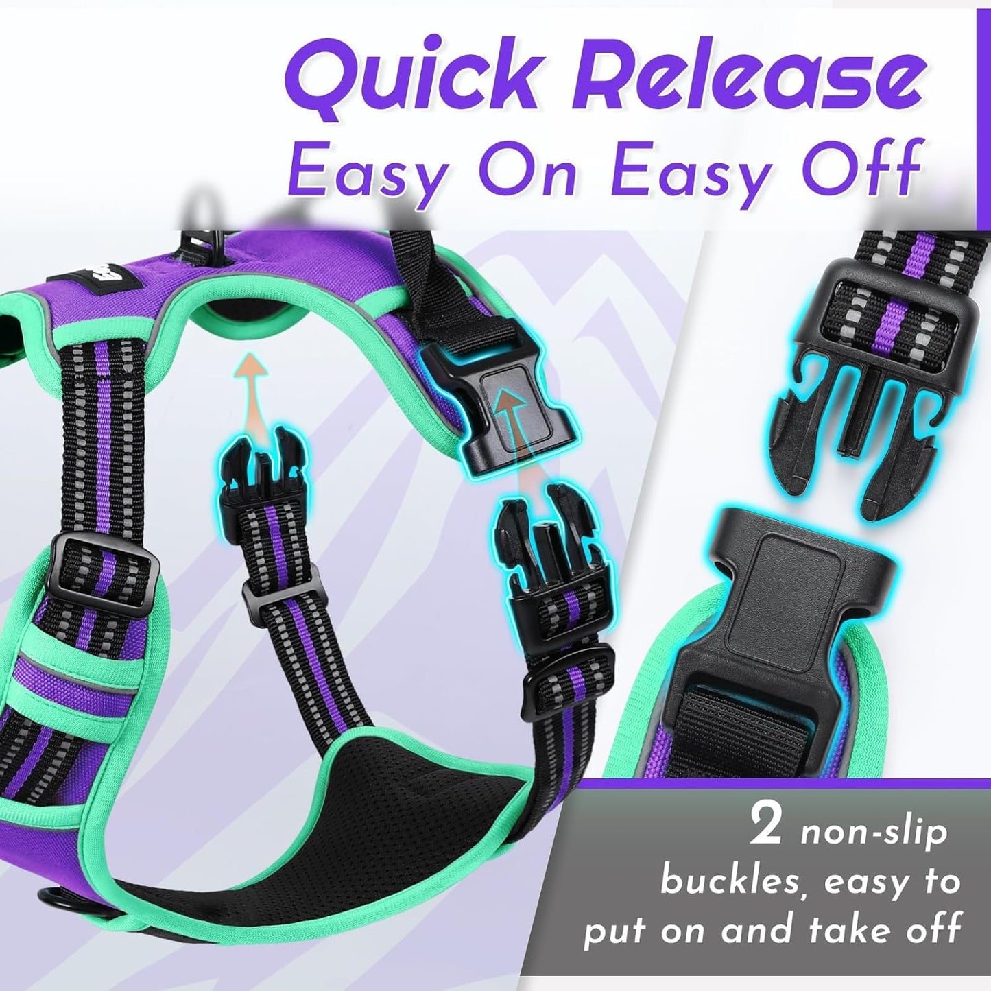 Eagloo Dog Harness Small Sized Dog, No Pull Service Vest with Reflective Strips and Control Handle, Adjustable and Comfortable for Walking, No Choke Pet Harness with 2 Metal Rings, Purple & Green, S