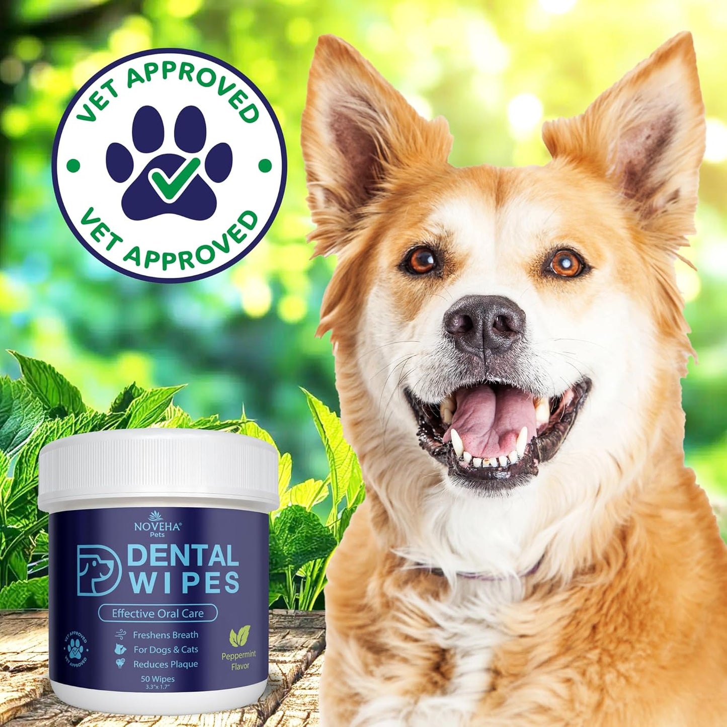 NOVEHA 100PCs Pets Dental Finger Wipes for Dogs & Cats | Freshens Breath, Reduces Plaque | Healthier Gums | Clean Teeth No Toothbrush | Vet Recommended Effective Natural Oral Care | Mint Flavor