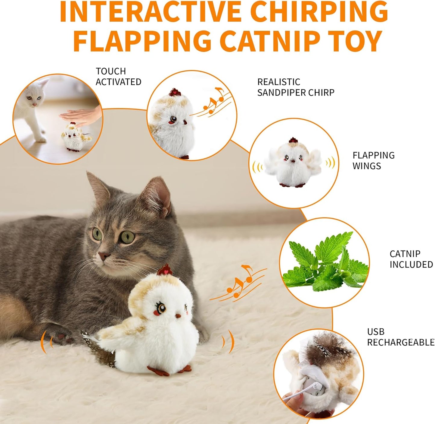 Gigwi Flappy Bird Cat Toy For Indoor Cats, Rechargeable Lifelike Sandpiper Interactive Flapping Bird Cat Toy Tweet, Flapping Wings & Lively Chirping, Catnip Toys For Kitten, Touch Activated (Princess)