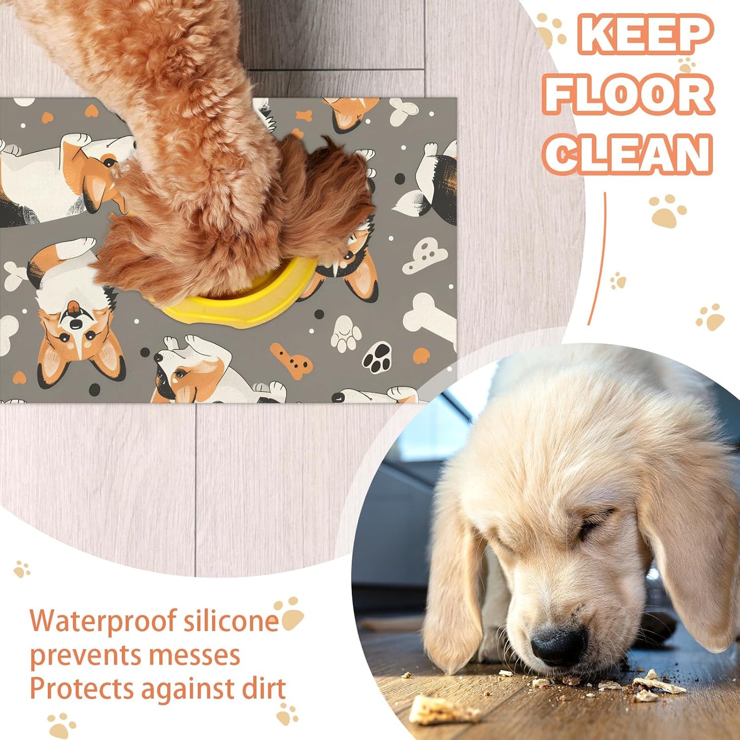 Corgi Dog Cat Food Mat,12"x20" Inches Rapid Absorbent Pet Feeding Mat,Pets Placemat Water Bowl Mats with Rubber Backing,No Stains Cat Dog Feeding Mats Indoor,Pet Accessories Supplies