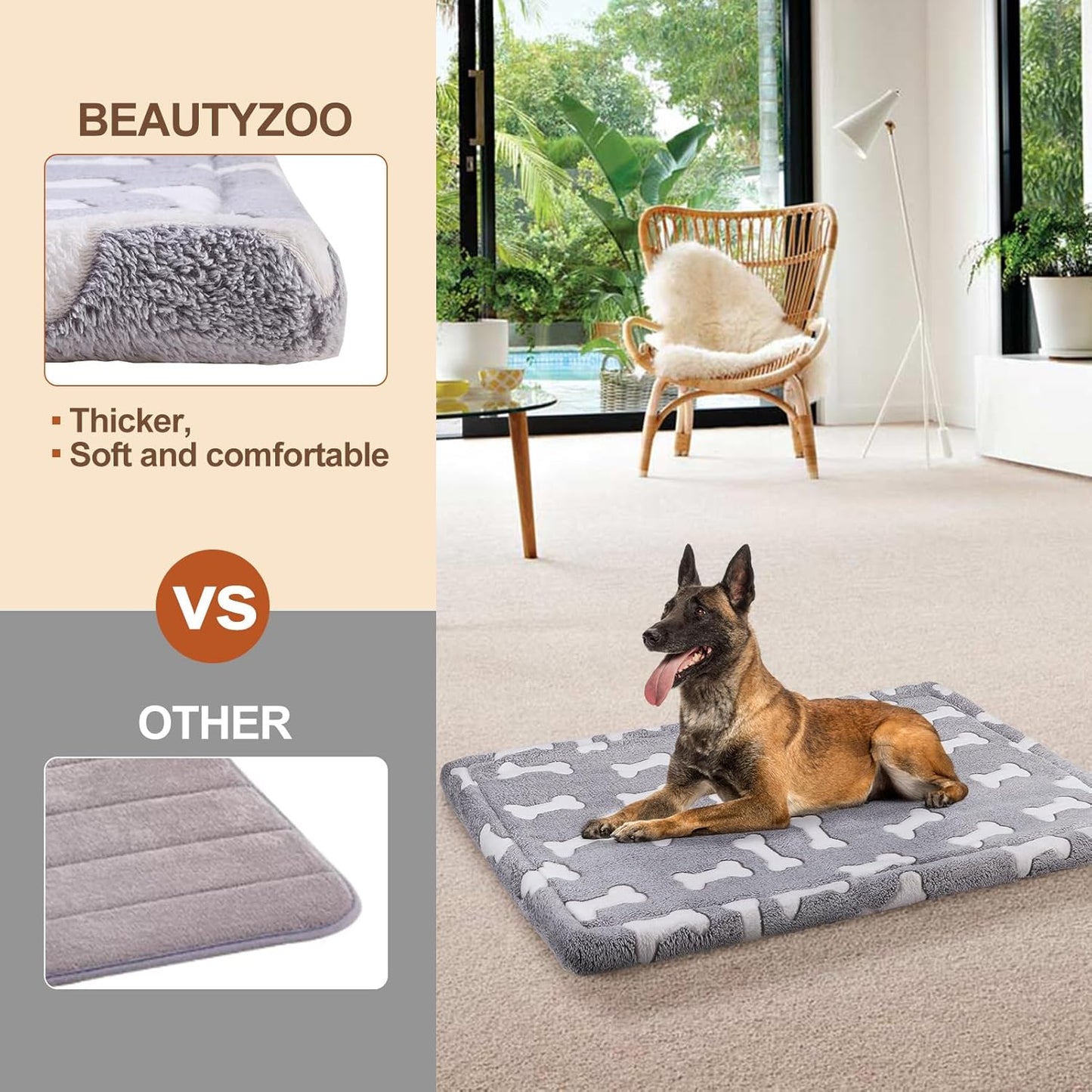 BEAUTYZOO Dog Bed Crate Pad 48 x 30 inch, Washable Dog Crate Mat for XX-Large Sized Dogs, Anti-Slip Pet Crate Bed Kennel Pad, Durable Cozy Puppy Sleeping Mat Rectangle Mattress, Bone