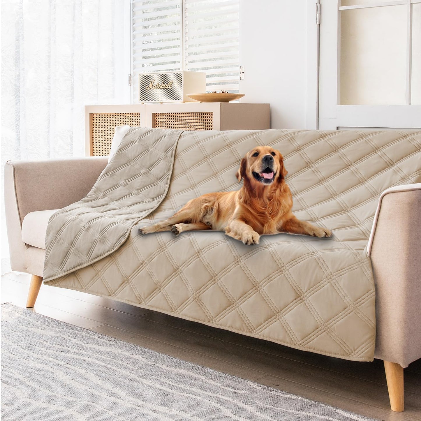 fuguitex Waterproof Dog Blanket Reversible for Small Dogs Resistant Leakproof Washable Couch Cushion Bed Protector Cover for Indoor Furniture Pet Friendly(52"*82",Beige+Khaki