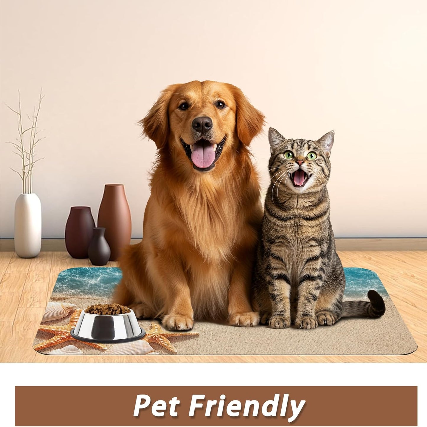 Beach Starfish Dog Food Mat for Floors,Cute Seashell Absorbent Pet Food and Water Bowl Mats,Non-Slip Pet Feeding Mat,Pet Supplies 12" x 20"