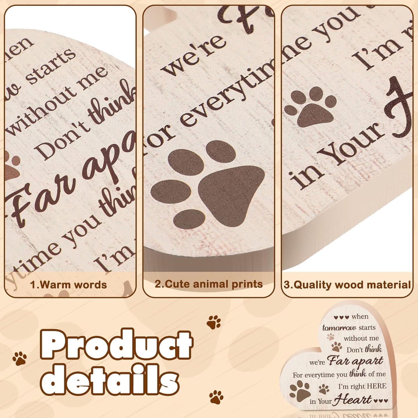 Maitys Pet Memorial Gifts Bereavement Remembrance Gifts for Loss of Dog Cat Sympathy Condolence Gifts Heart Shaped Wood Sign When Tomorrow Starts Without Me Wooden Plaque for Table Desk Decor (Khaki)