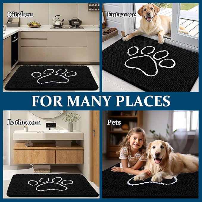 OLANLY Door Mat for Muddy Dog Paws 48x30, Ultra Absorbent Chenille Mud Doormat with Paw Print Design, Non-Slip Washable Doormat for Indoor Entryway, Quick-Dry Pet Bed Mats for Dirty Dogs, Black