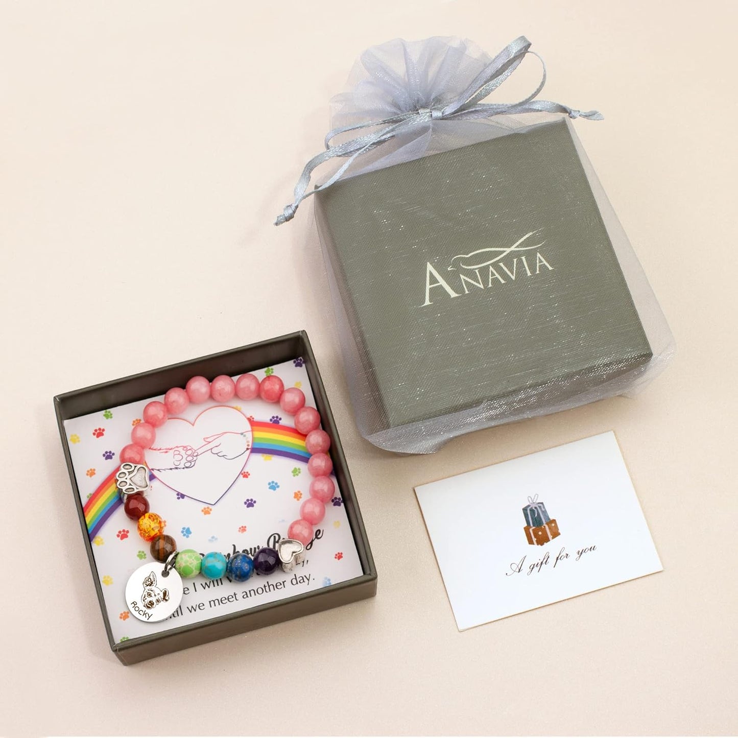 Anavia Pet Portrait Rainbow Bridge Pet Memorial Bracelet for Beloved Dog Cat, Pawprint on My Heart Personalized Handmade Bracelet Keepsake