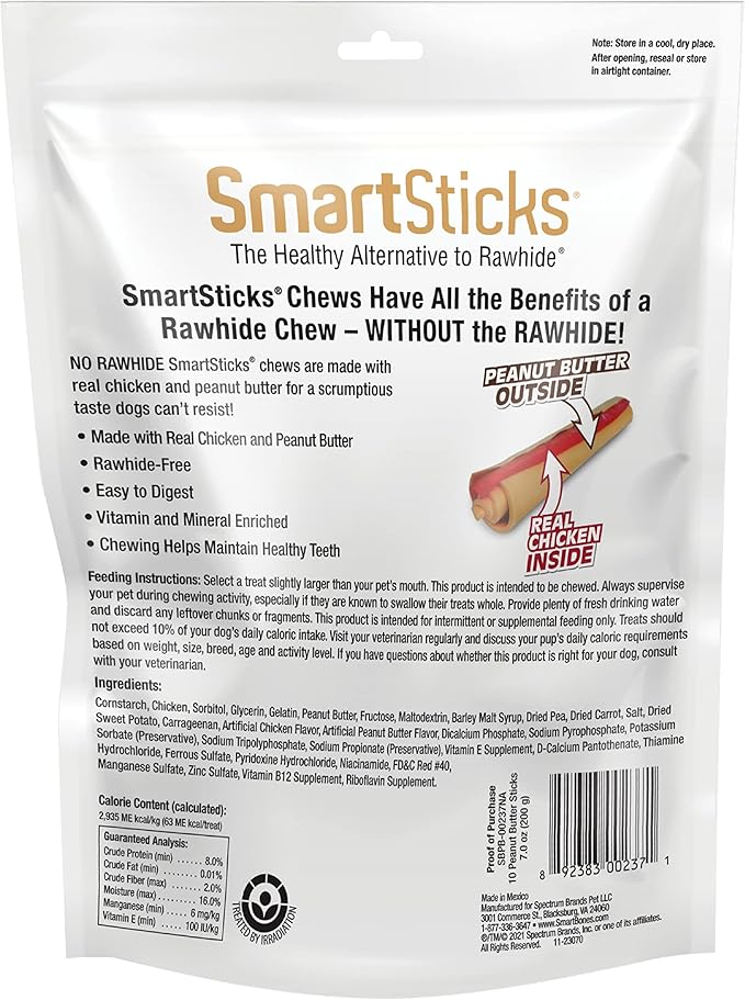 SmartBones SmartSticks With Real Peanut Butter 12 Count, Rawhide-Free Chews For Dogs