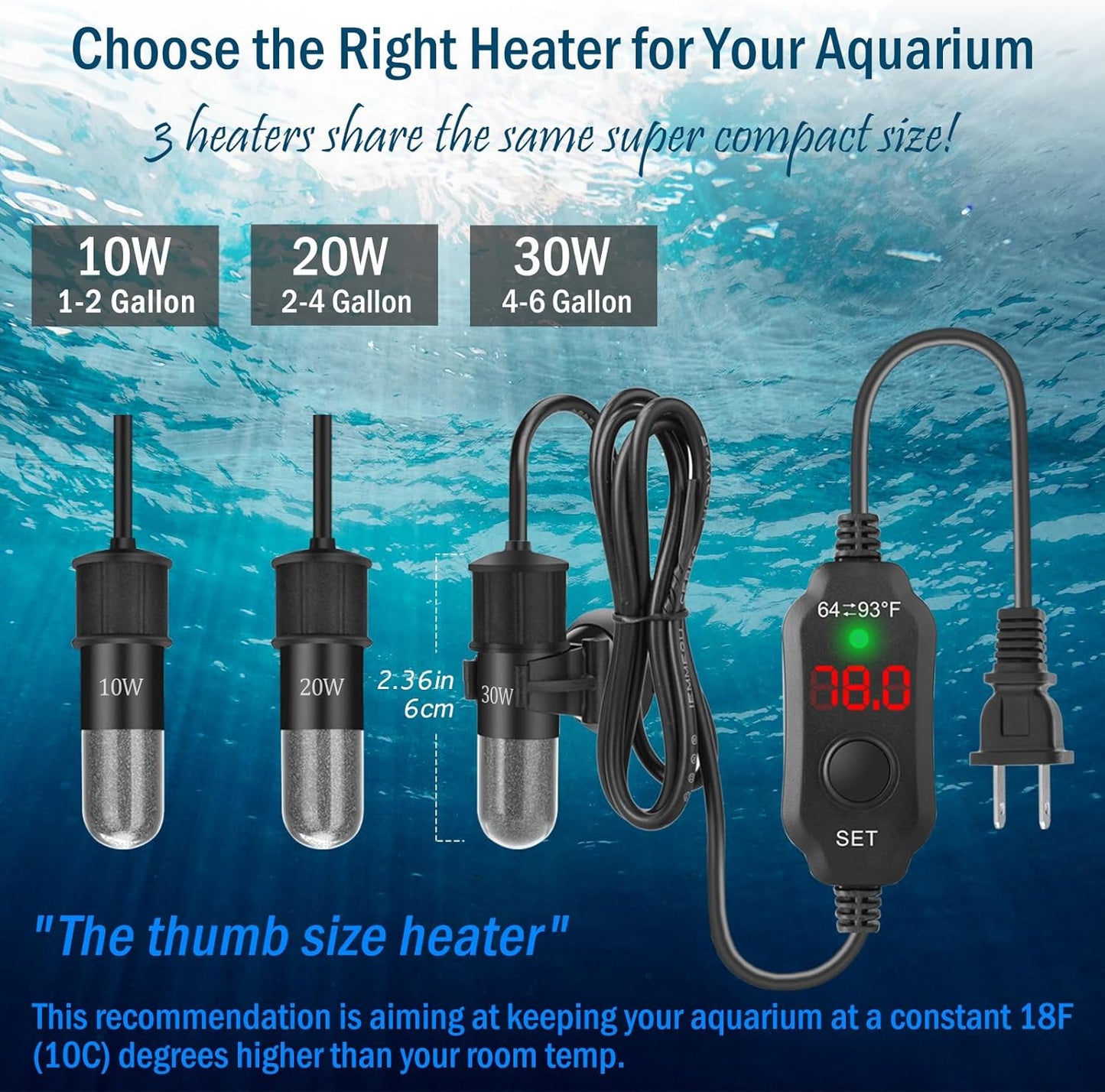 Mini Aquarium Heater 10W Super Small Fish Tank Heater with Digital Display Thermostat, Betta Tank Heater Turtle Heater Small Aquarium Heater for 1-2 Gallon Tanks