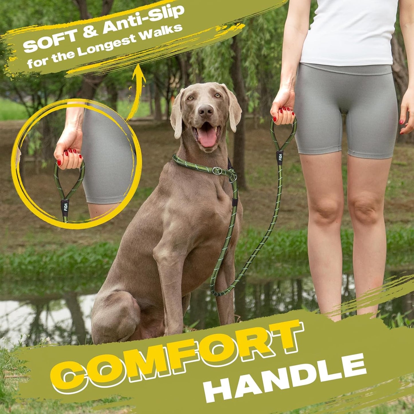 Fida Durable Slip Lead, 6 FT x 1/2" Heavy Duty Loop Leash, Comfortable Strong Rope for Large, Medium Dogs, No Pull Pet Training with Highly Reflective, Green