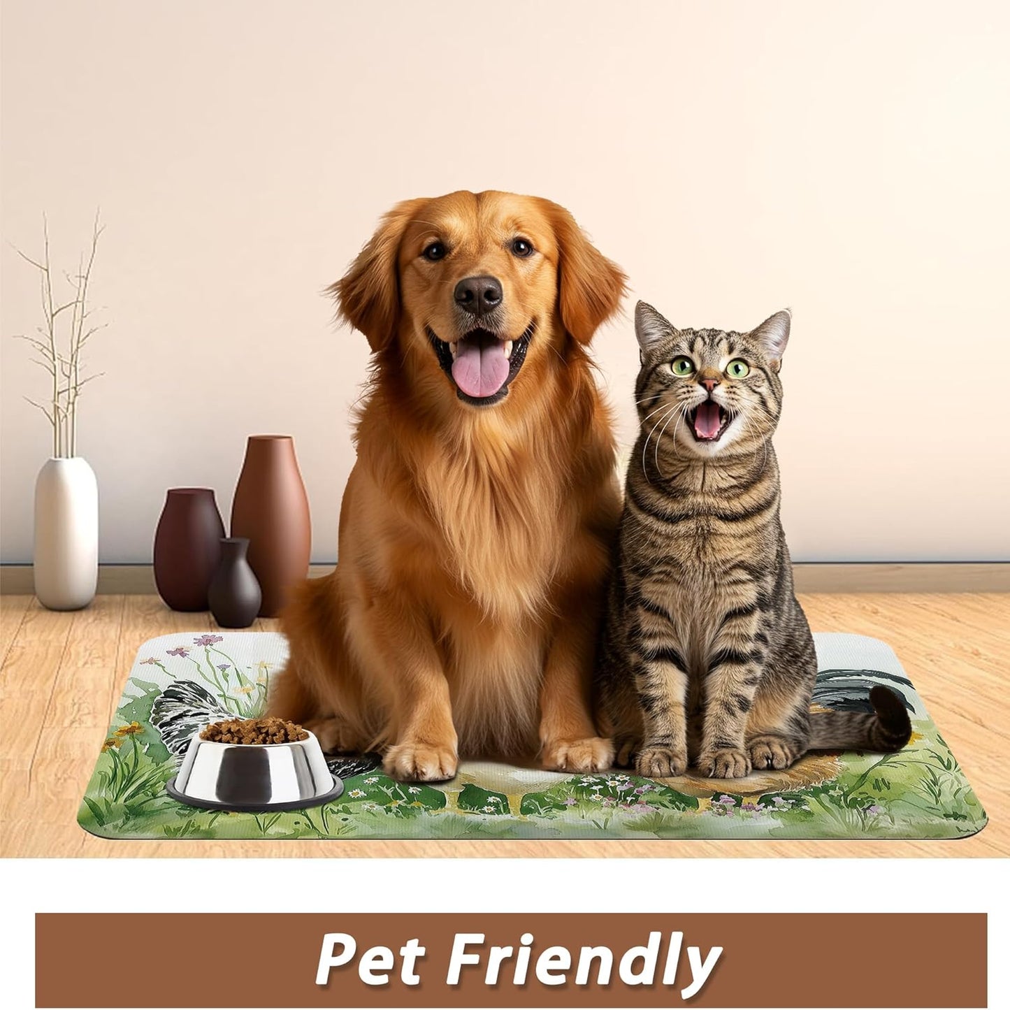 Chicken Rooster Dog Food Mat for Floors,Farm FlowerAbsorbent Pet Food and Water Bowl Mats,Non-Slip Pet Feeding Mat,Pet Supplies 16" x 24"