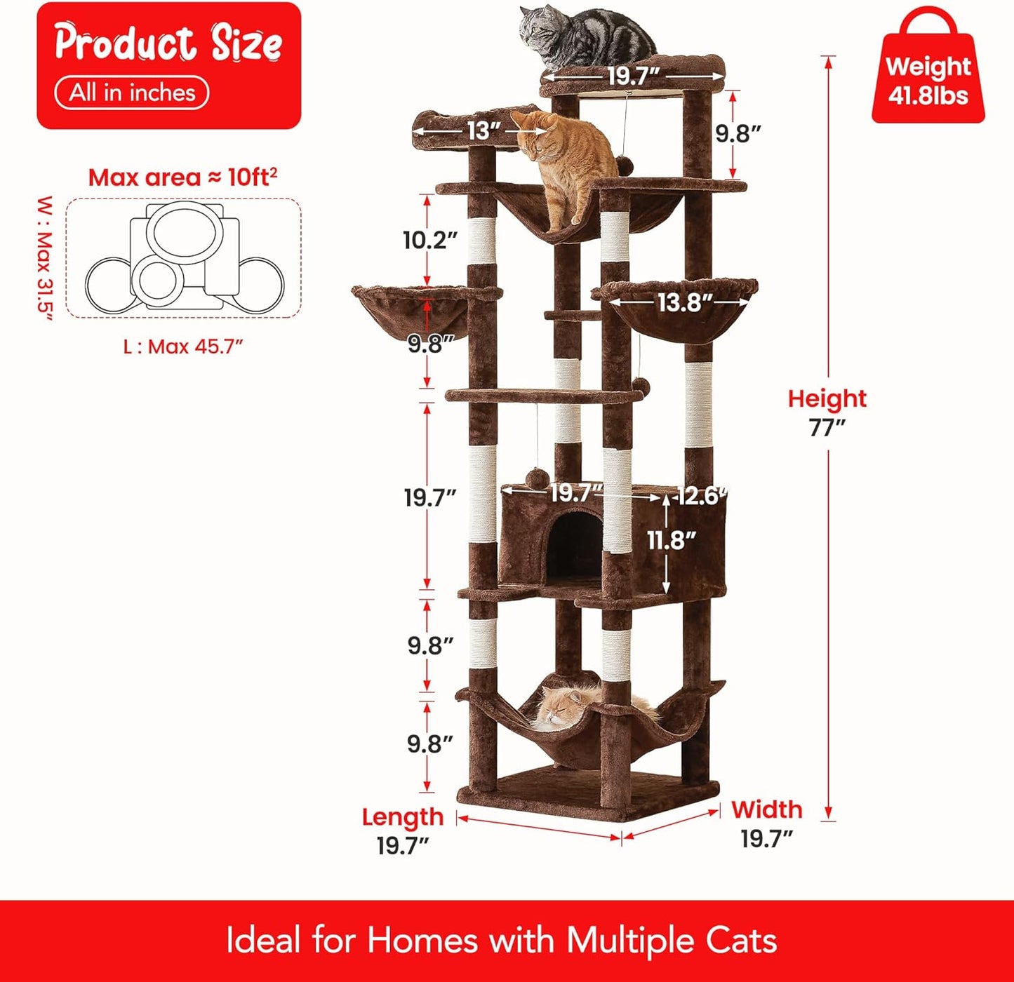 77-Inch Brown Cat Tree for Indoor Cats, Multi-Level Large Cat Tower with 4 Hammocks, 2 Padded Perches, Cat Condo, Sisal Scratching Posts and Hanging Toys for Adult Cat