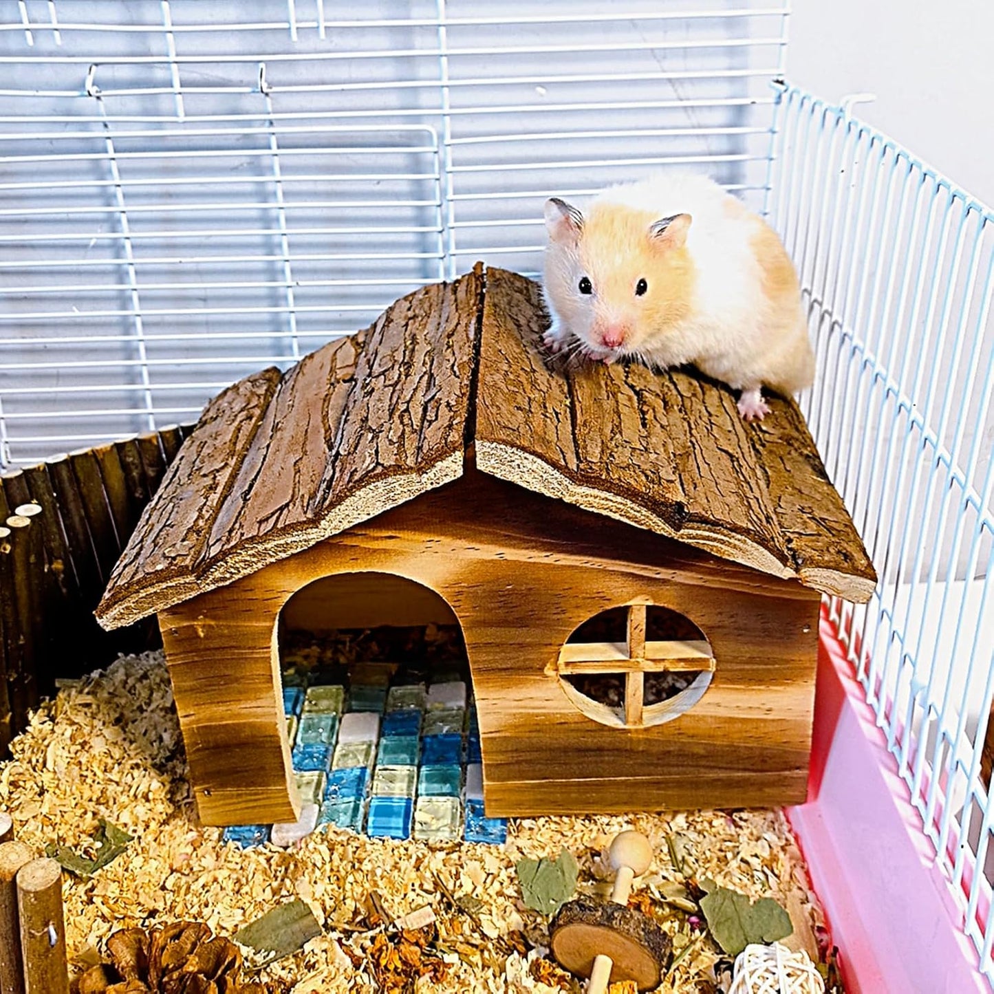 Hamiledyi Hamster Hideout Wooden Hamster House and Bridge with Windows Habitats Decor for Rat Gerbils Mice Playing Hiding