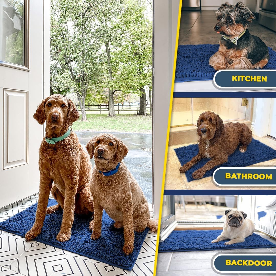 Muddy Mat® AS-SEEN-ON-TV Highly Absorbent Microfiber Dog Door Mat and Pet Rug, Non Slip Thick Washable Area and Bath Mat Soft Chenille for Kitchen Bathroom Bedroom and Indoor- Navy Blue Medium 30"X19"