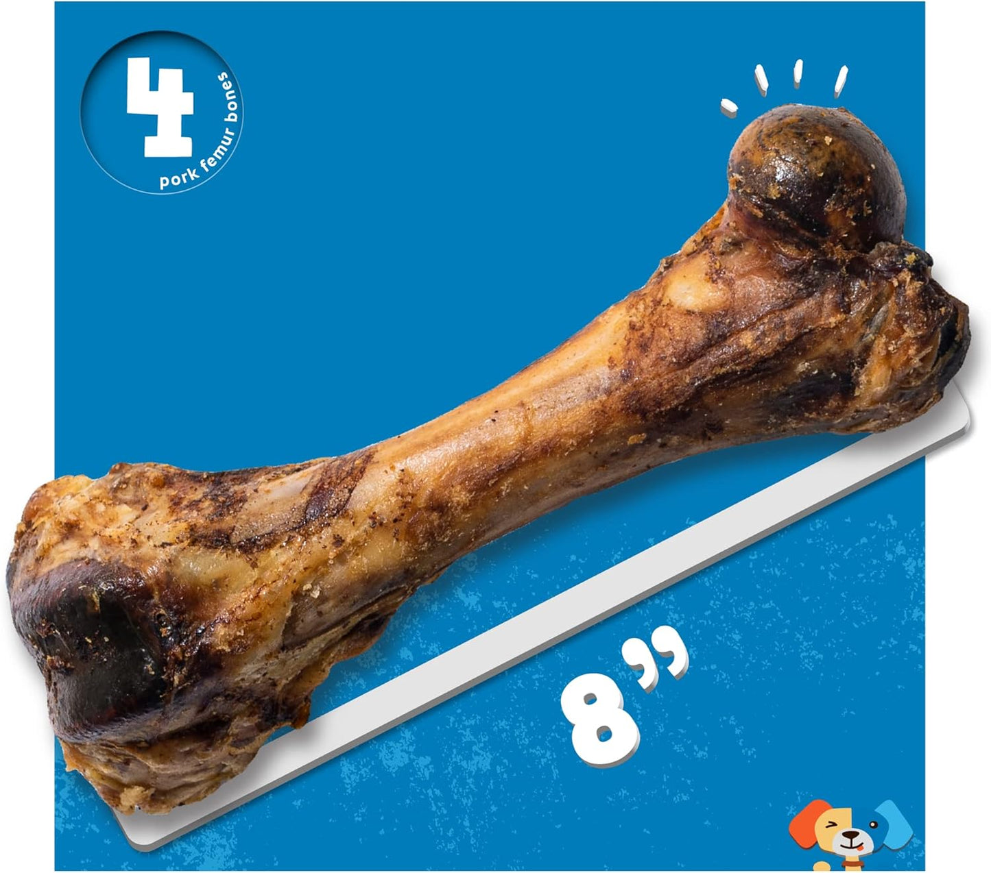 Jack&Pup 8" Pork Femur Bones for Dogs, Big Bones for Large Dogs, Gourmet Ham Beef Bones for Agressive Chewers, 4 Pack