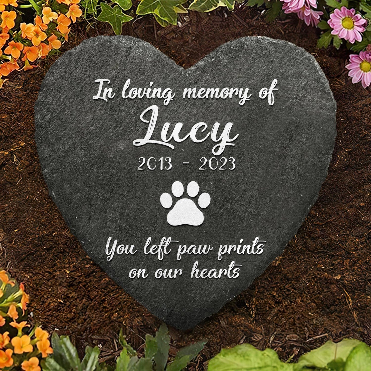 Heart Shaped Pet Memorial Stone for Dog or Cat - You Left Paw Prints on Our Hearts - Dog Heaven - Angel Wings Paw - Dog Loss Sympathy Gift