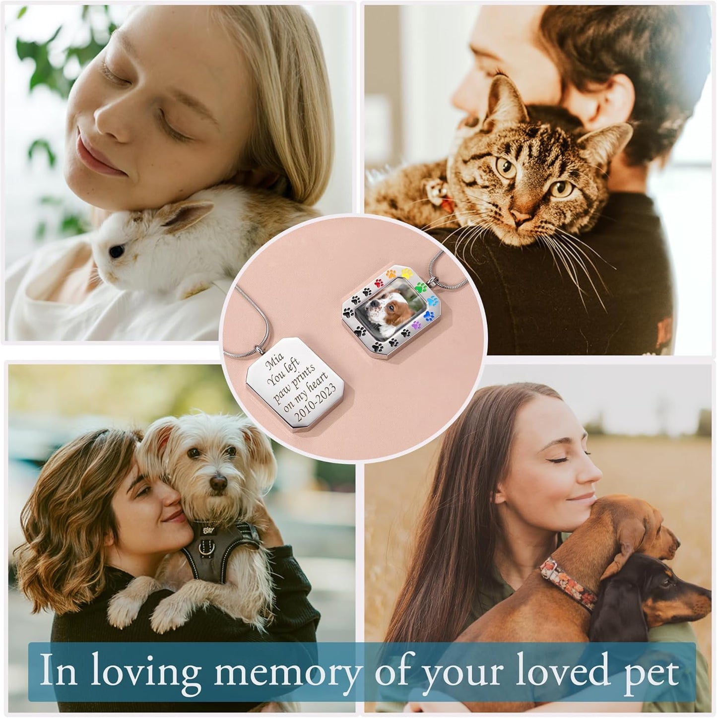 Fanery Sue Personalized Pet Ashes Necklace for Dog Cat Custom Photo&Text Pet Loss Sympathy Gift Cremation Jewelry