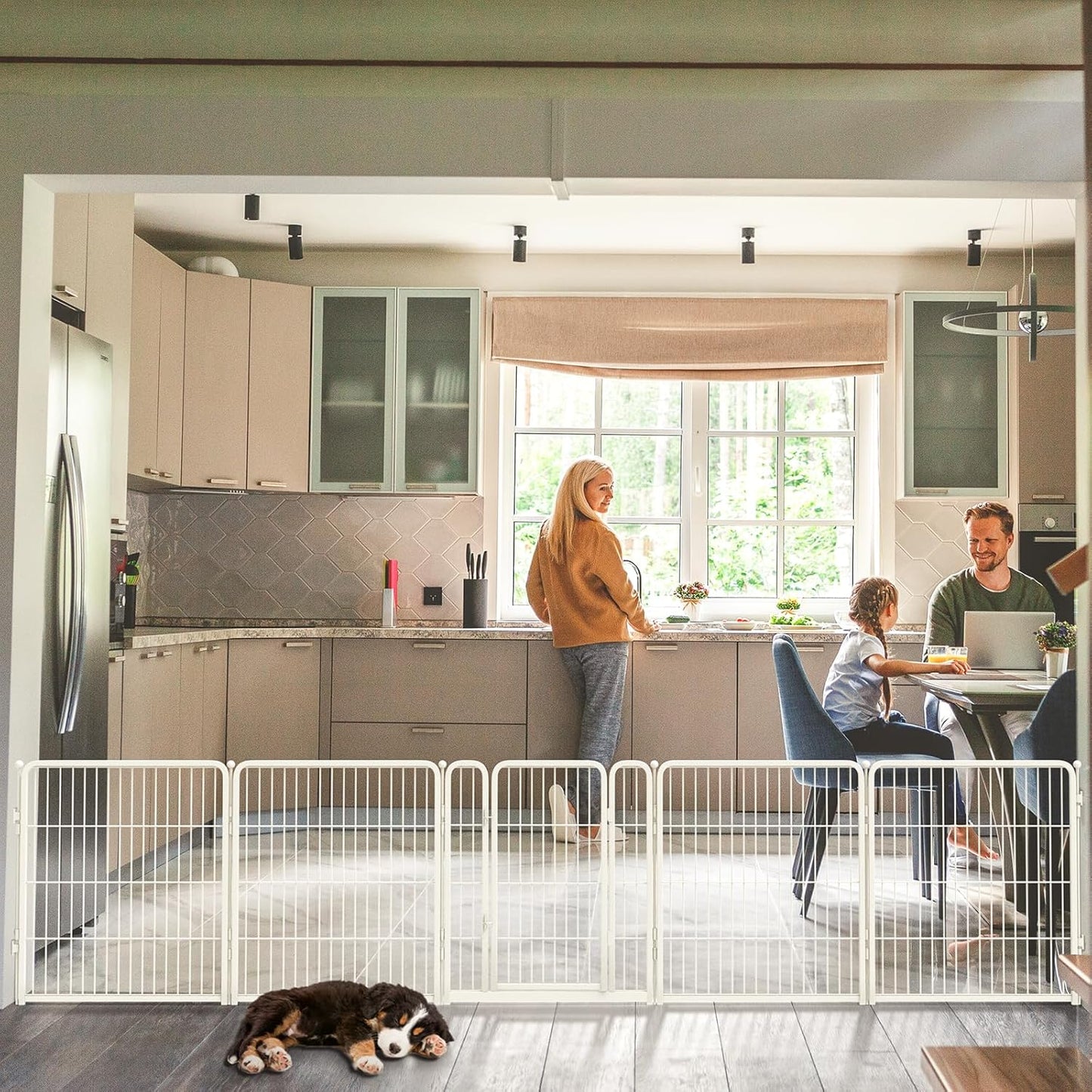 FXW Dog Gate Extra Wide Designed for Indoor Use, Adjustable Width Up to 165-inch Wide (32" H 6 Wire Panels for Small and Medium Dogs), White