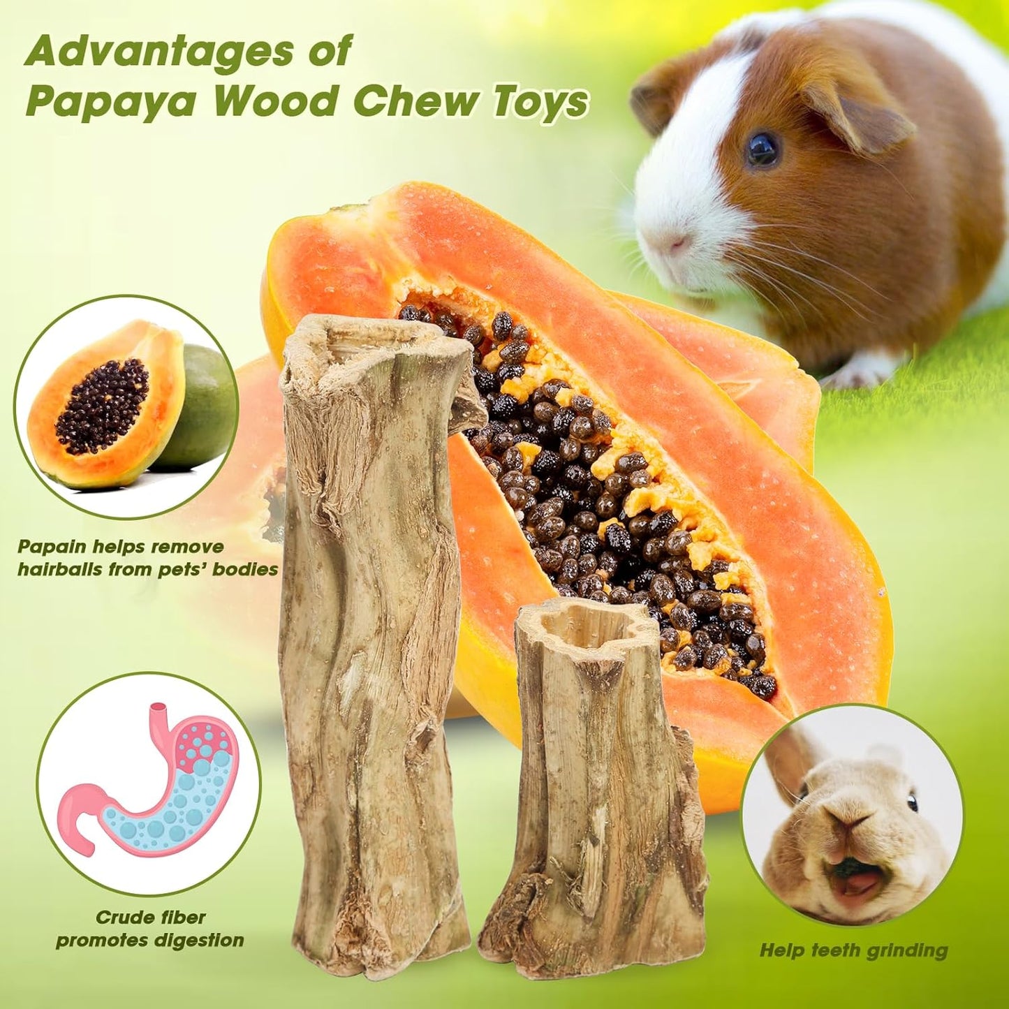 Abizoo Rabbit chew Toys for Bunnies,4 Pcs Natural Papaya Wood Chew Sticks Bunny Chews for Teeth Chinchilla Guinea Pig Hamster Gerbil Degu Small Animals to Keep Busy Molar Treats Toys