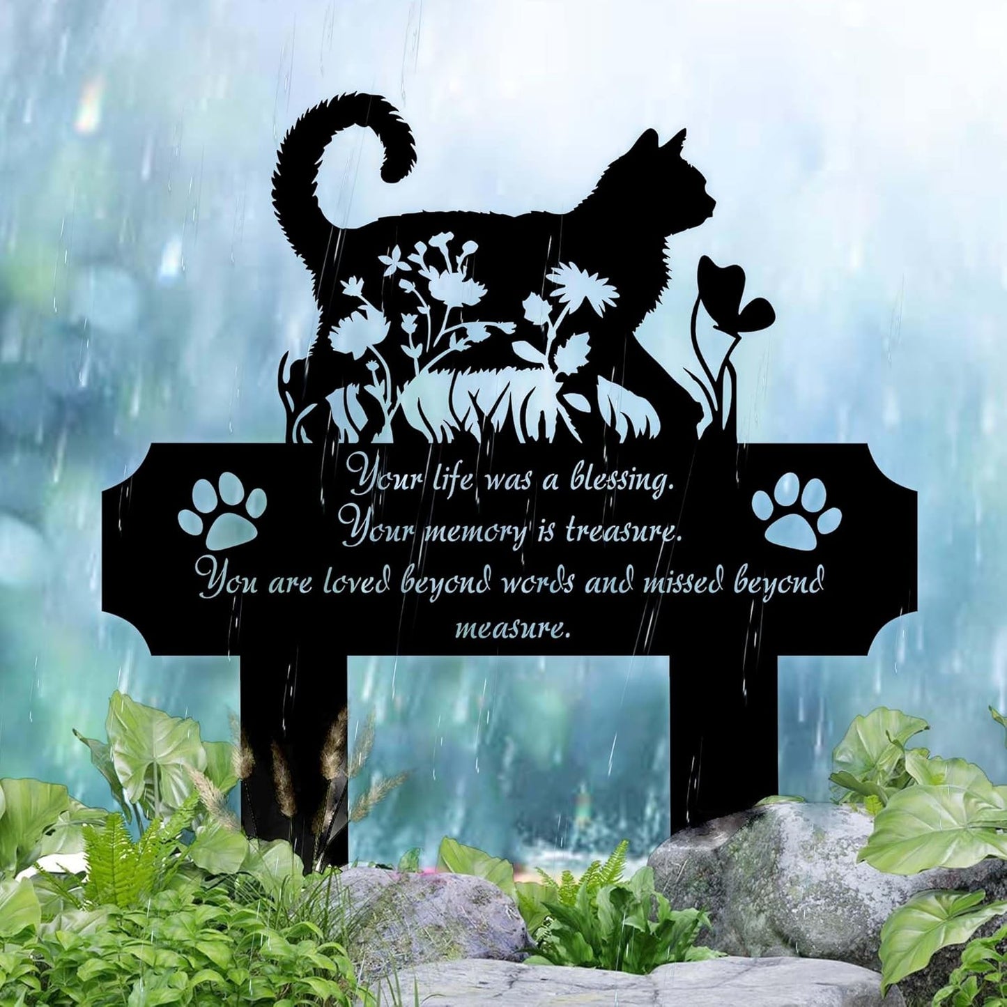 Cat Grave Marker Outdoor Memorial – 12in Metal Pet Memorial Plaque with Garden Cat Silhouette, Weatherproof Headstone for Yard or Indoor Tribute, Sympathy Gift for Loss of Cat
