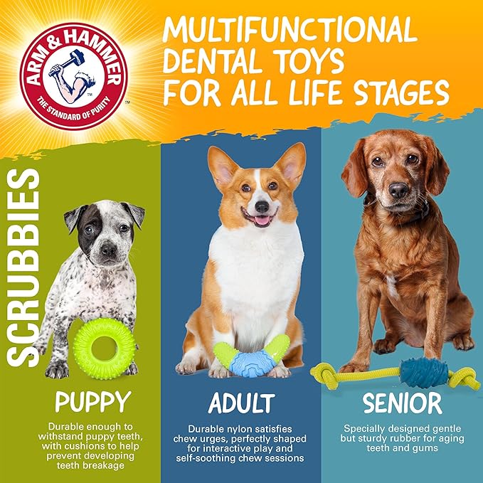 Arm & Hammer for Pets Scrubbies Boomerang Chew Toy for Senior Dogs Infused with Baking Soda - Durable Teething Toy with Unique Shape for Fetch & Chew - Interactive Dental Chew Toy for Puppies