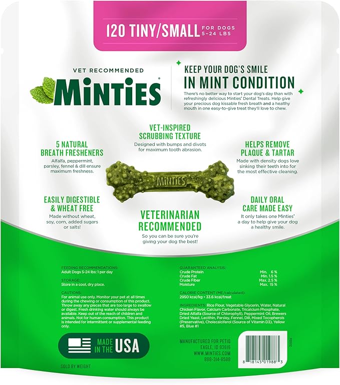 Minties Dental Chews for Dogs, 120 Count, Vet-Recommended Mint-Flavored Treats for Tiny/Small Dogs 5-24 lbs, Dental Bones Clean Teeth, Fight Bad Breath, and Removes Plaque and Tartar