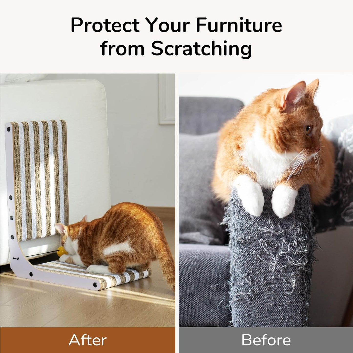 FUKUMARU Cat Scratcher, 18.9 Inch L Shape Cat Scratch Pad, Strip Pattern Cats Scratching Post Wall Mounted, Cardboard Cats Scratcher with Ball Toy for Indoor Kitty, Fun Playing Box Included, M