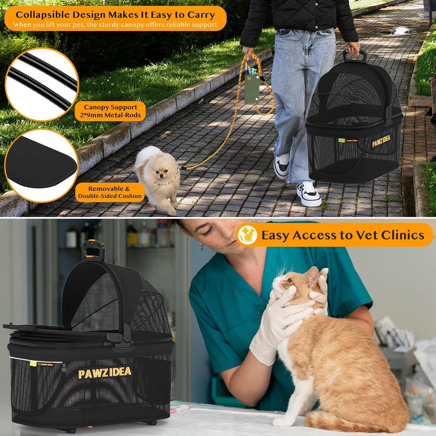 PAWZIDEA Pet Stroller 4 in 1, Cat Strollers with Detachable Carrier No-Zip Canopy, Portable Dog Crate for Car Seat Travel, Foldable & Lightweight Jogger for Small/Medium Dogs and Cats, Storage Basket