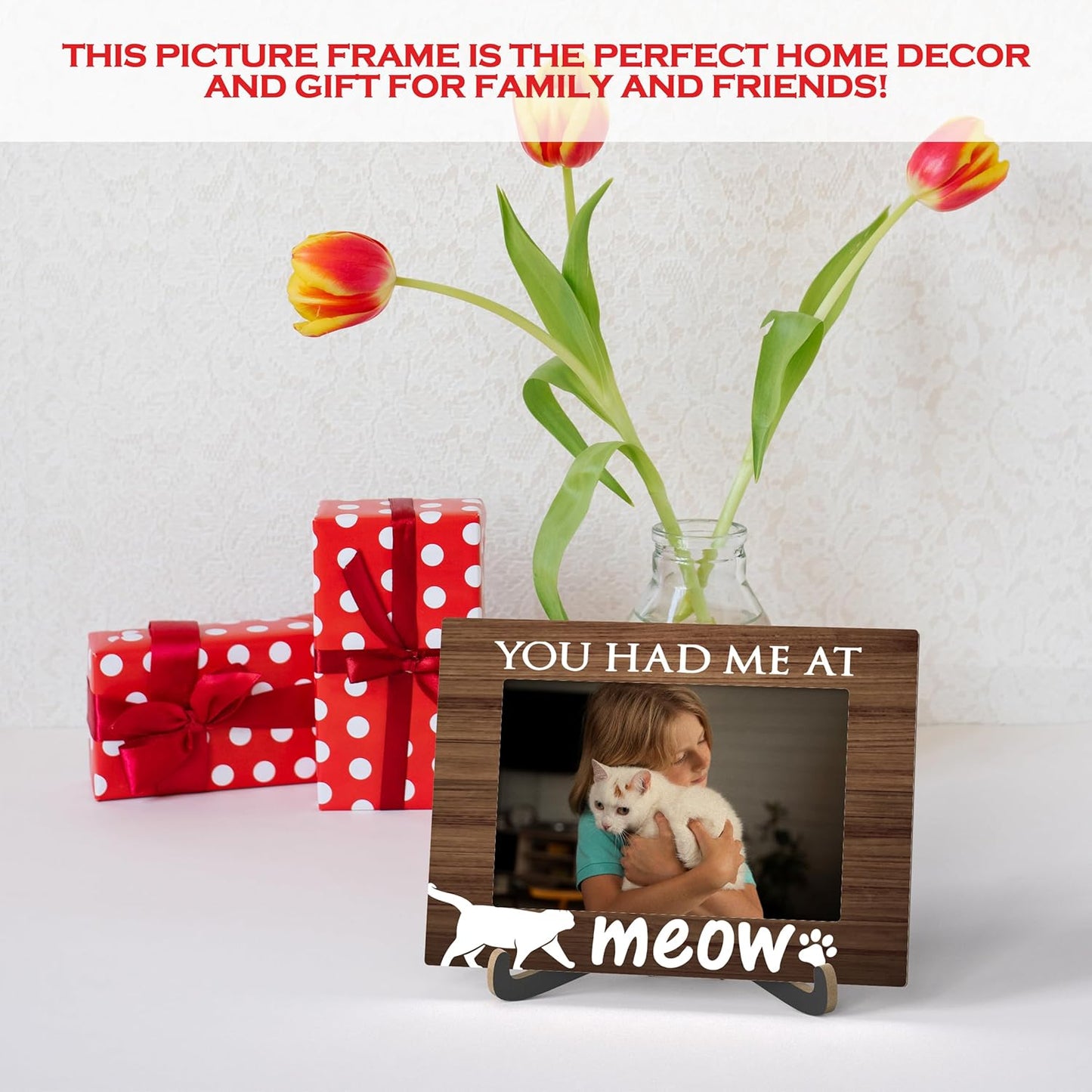 Pet Photo Frame - You Had Me At Meow Wooden Tabletop Picture Frame With Stand - Best Cat Ever Photo Frame - I Love My Cat Gifts - Cat Frame Gifts For Cat Lover -57