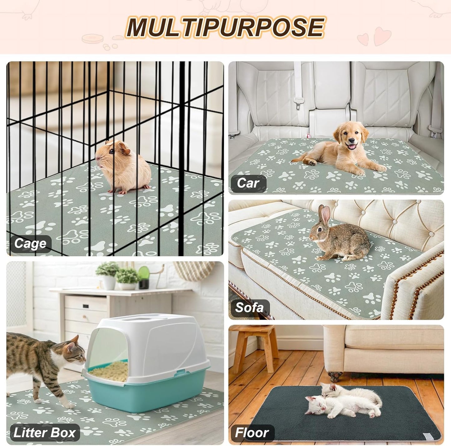 BEAUTYZOO 4 Pack Guinea Pig Cage Liners, Washable Reversible Fleece Guinea Pig Bedding, Waterproof Super Absorbent Pee Pads for Small Animals Rabbit Hamster Bunny - 12"x12" Grey