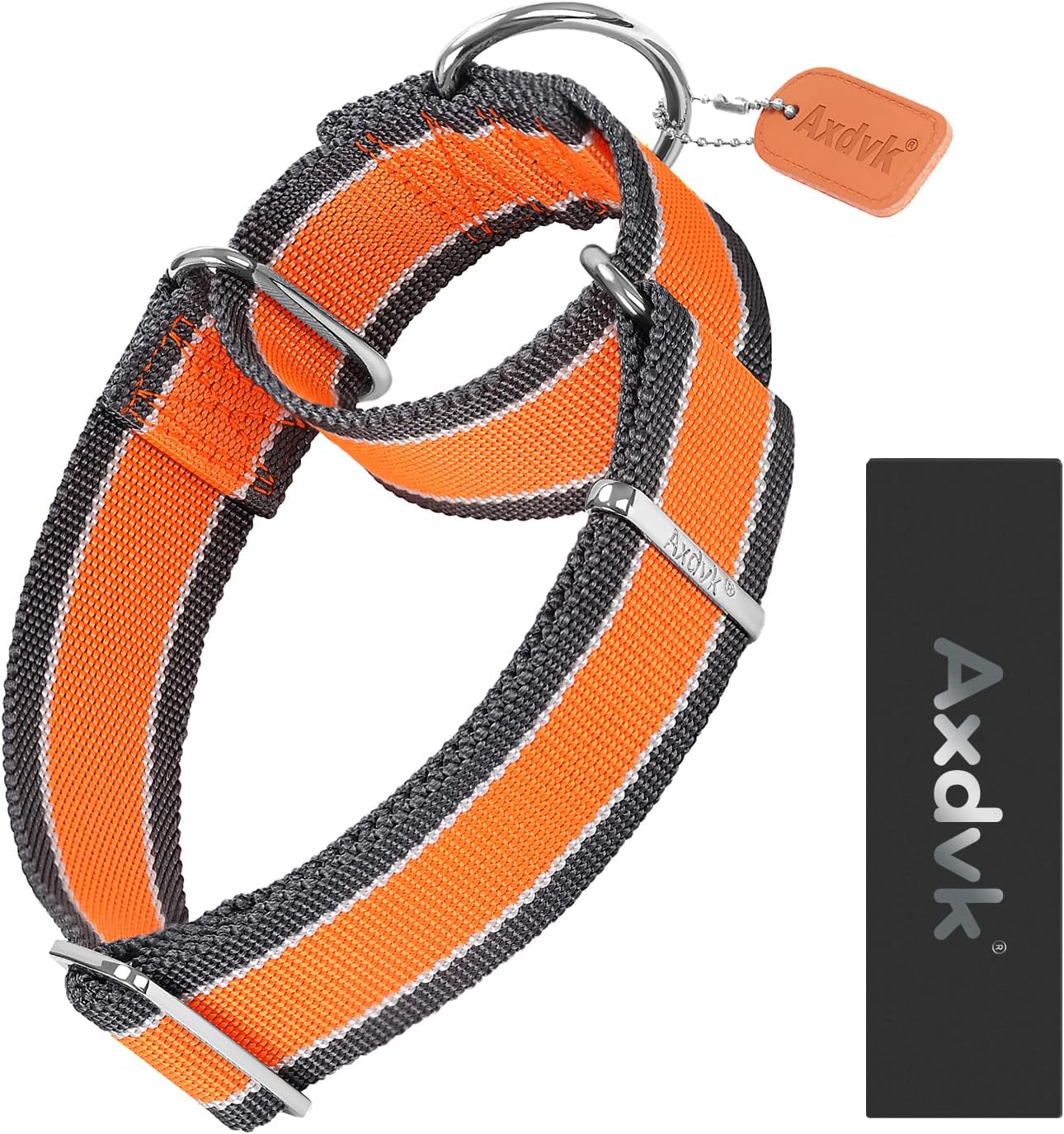 Martingale Collar 1.5 Inch Wide 1600D Extra Strong Anti Escape Nylon Dog Collar, No Pull Heavy Duty Pet Collars with 3-Color Stripe for Large to XLarge Dogs (XL, Orange & Gray)