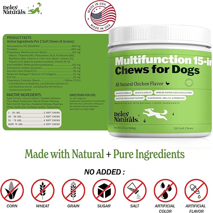 Deley Naturals 15 in 1 Multivitamin for Dogs - Complete Dog Vitamins and Supplements for Immune Support, Joint, Skin, Digestion, Heart & Overall Health - Daily Multifunction Supplements - 120 Chews