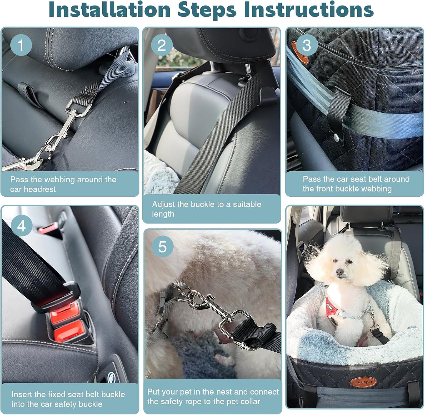 Dog Car Seat with Loops Dog Booster Seat for All Seasons, Anti Slip Bottom Pet Travel Bed with Thick Pets Sofa Cushion and Storage Pockets for Small Pets(Black)