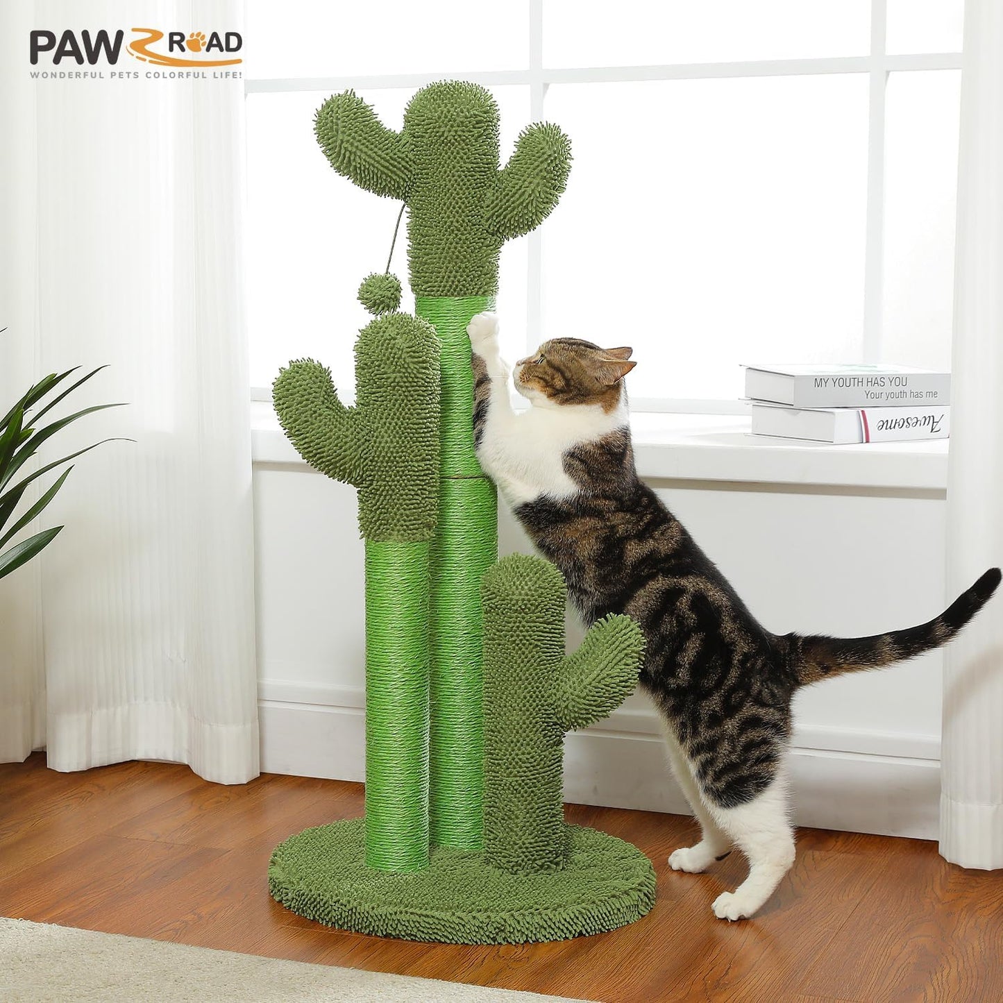 PAWZ Road Cat Scratching Post Cactus Cat Scratcher Featuring with 3 Scratching Poles and Interactive Dangling Ball - 35 Inches