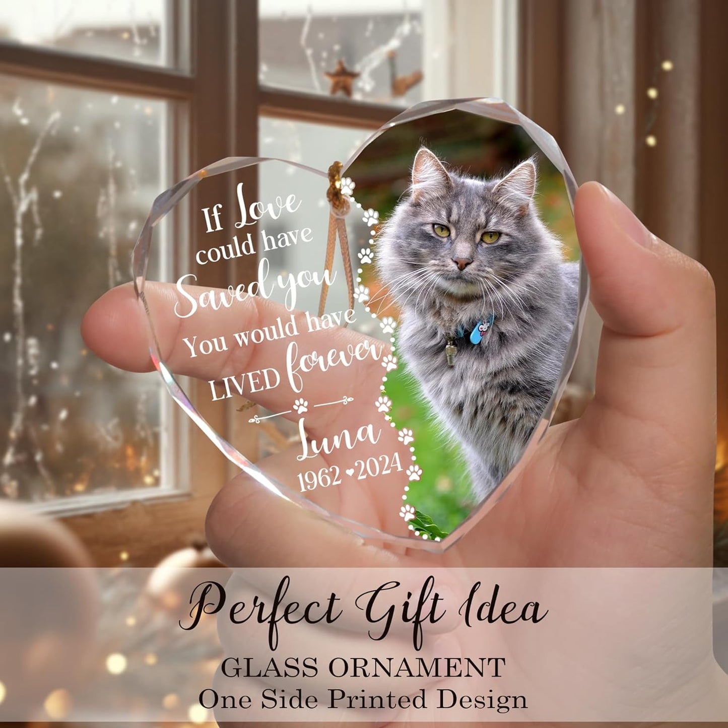 Personalized Wings Memorial Dog Christmas Ornaments - Forever in Our Hearts Acrylic Ornament for Your Loss Pet - Custom Photo, Name, Years (Memorial Cat Glass Heart)