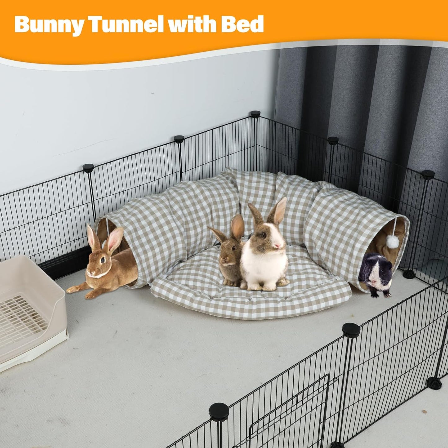 BWOGUE Bunny Tunnel Bed, 2-in-1 Collapsible Tunnel Tubes Toys with Removable Mat Hideout for Cats Kittens Rabbits Guinea Pigs Kitty