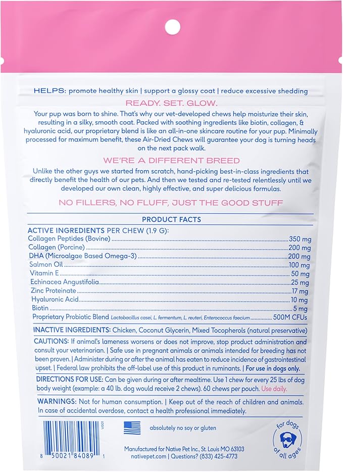 Native Pet Omega Skin and Coat Chews for Dogs - Dog Skin and Coat Supplement for Healthy, Shiny Fur, Reduce Shedding and Dry Spots - Made with Omega 3 Fish Oil and Wild-Caught Salmon Oil - 60 Chews