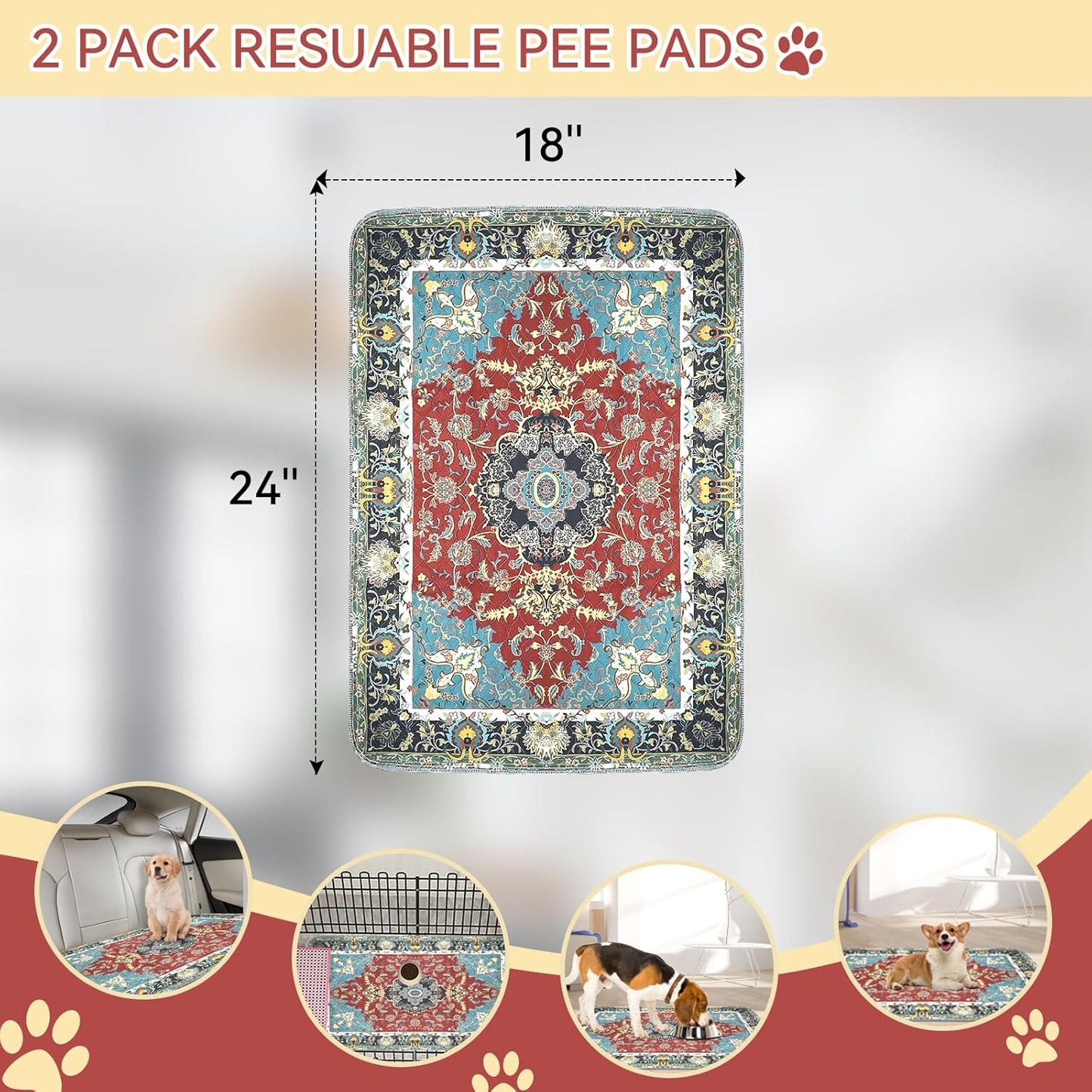 Pee Pads for Dogs Washable, 2 Pack 18'' x24'' Waterproof Non-Slip Puppy Pad with Fast Absorbent, Reusable Rug for Training Travel Whelping Housebreaking Incontinence Crate