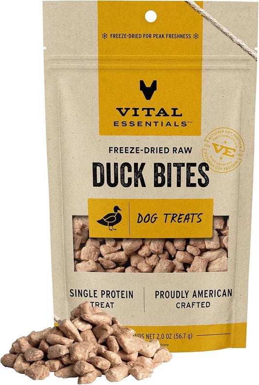 Vital Essentials Duck Bites Dog Treats, 2 oz | Freeze-Dried Raw | Single Protein | Premium Quality High Protein Training Treats | Grain Free, Gluten Free, Filler Free