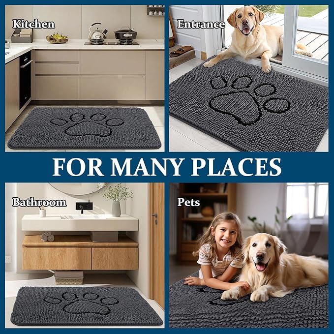 OLANLY Door Mat for Muddy Dog Paws 36x24, Absorbent Chenille Doormat with Paw Print Design, Non-Slip Washable Doormat for Indoor Entryway, Quick-Dry Pet Bed Mats for Dirty Dogs, Dark Grey and Black