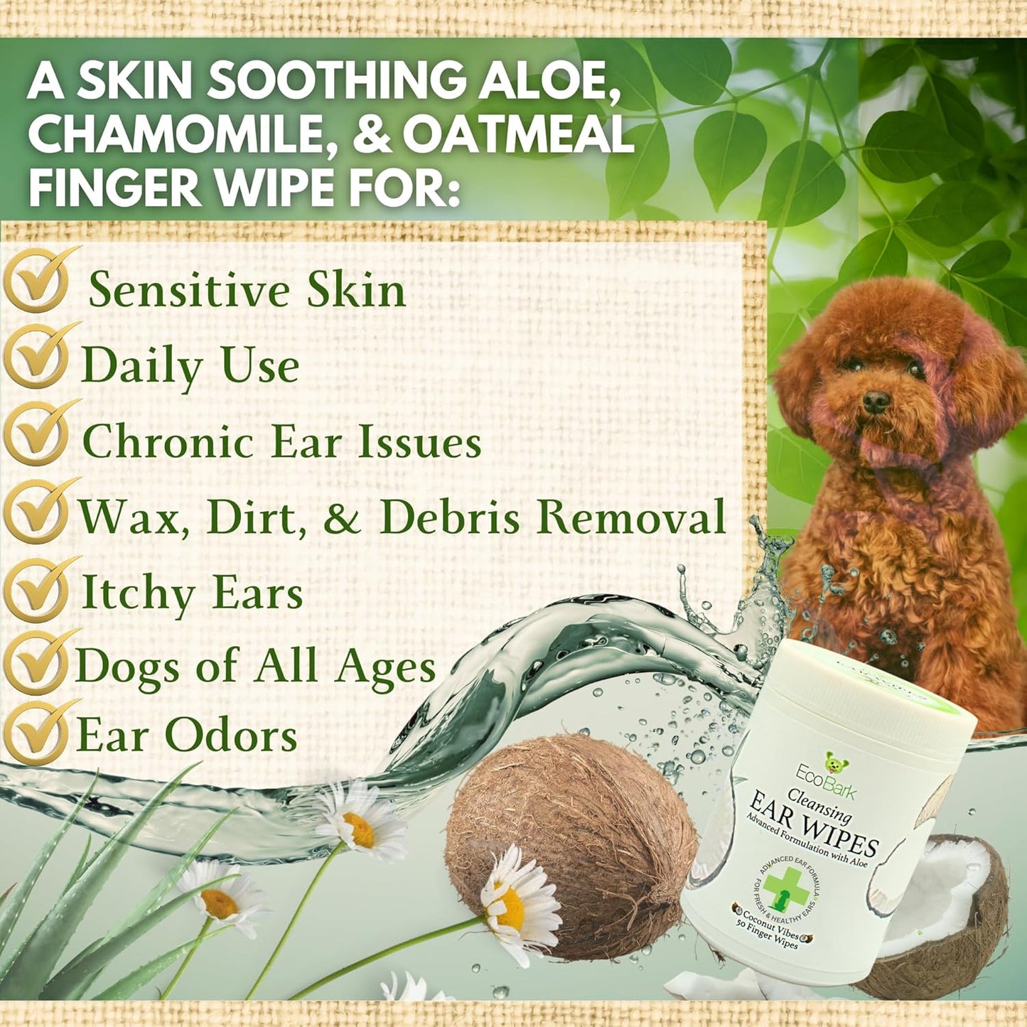 EcoBark Premium Dog Ear Cleaner Finger Wipes- Advanced Ear Finger Wipes for Dogs with Aloe Vera & Chamomile - Gentle Otic -Coconut Scent - Soothe Dog Ear Itching - Cleanse Away Dirt and Debris